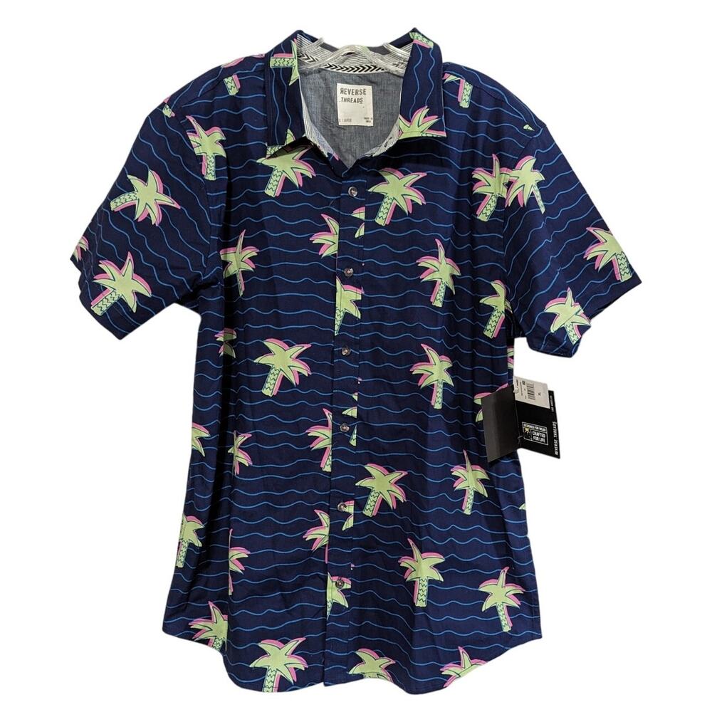Reverse Threads Men's Navy Palm Tree Button Up Short Sleeve Hawaiian Shirt XL